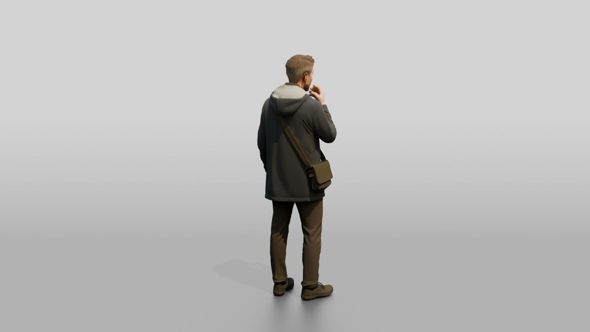 White Man in Dark Raincoat with Earbud - 3D character model, view 3
