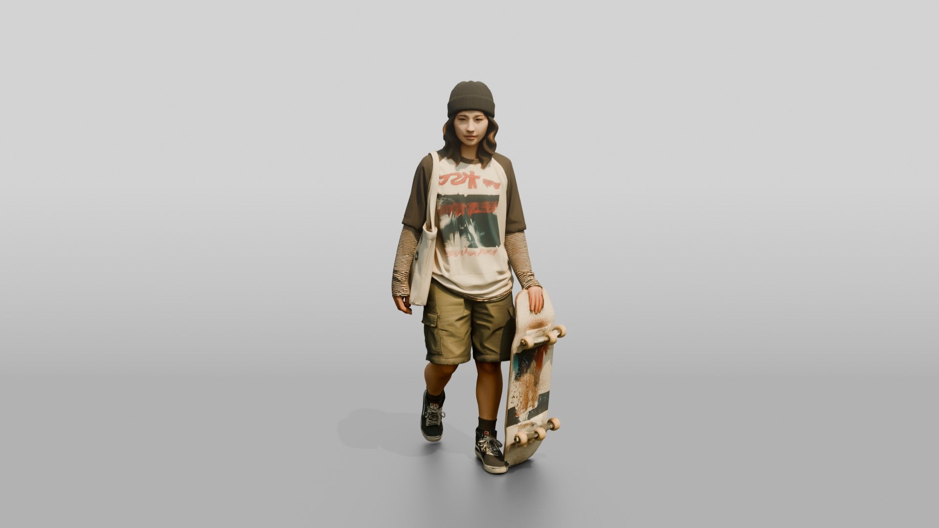 Asian Woman Balancing a Skateboard