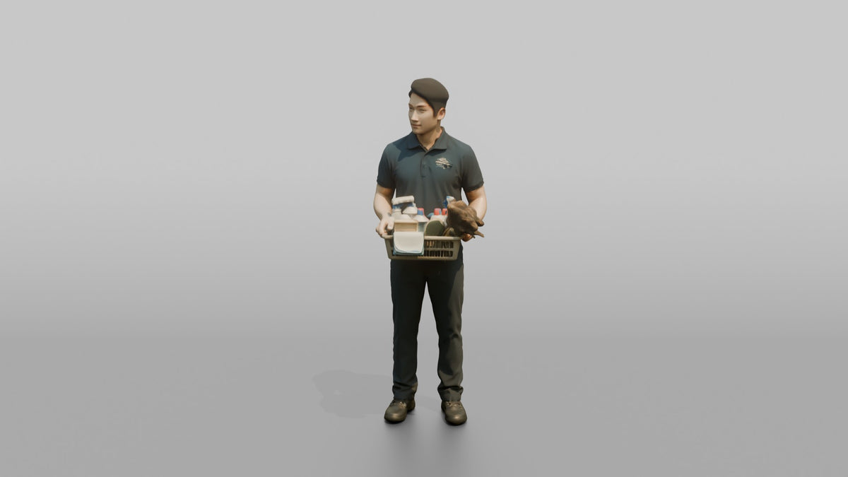 Housekeeping Staff Woman Carrying A Basket Of Cleaning Supplies - 3D character model, view 4