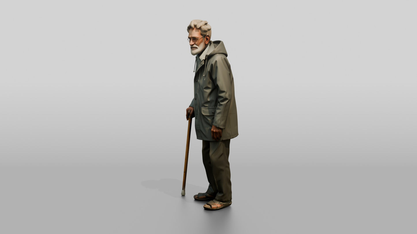Elderly Indian Man in Grey Raincoat with Cane