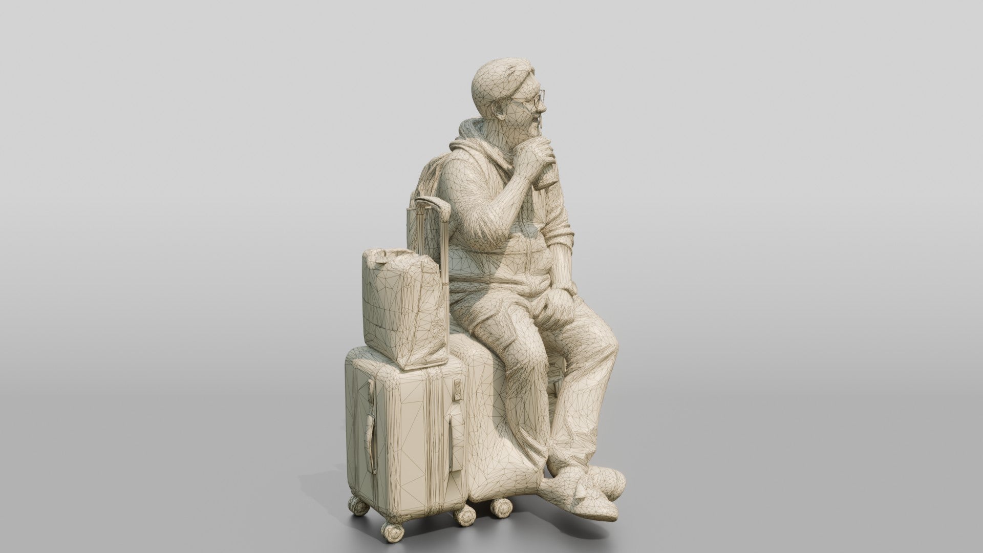 Plus-Size Asian Man Seated on Suitcase Drinking Bubble Tea