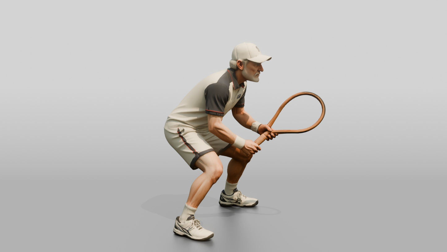 Senior Tennis Player in a Deep Defensive Stance