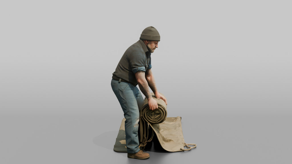Farmer Unrolling Large Canvas Tarp
