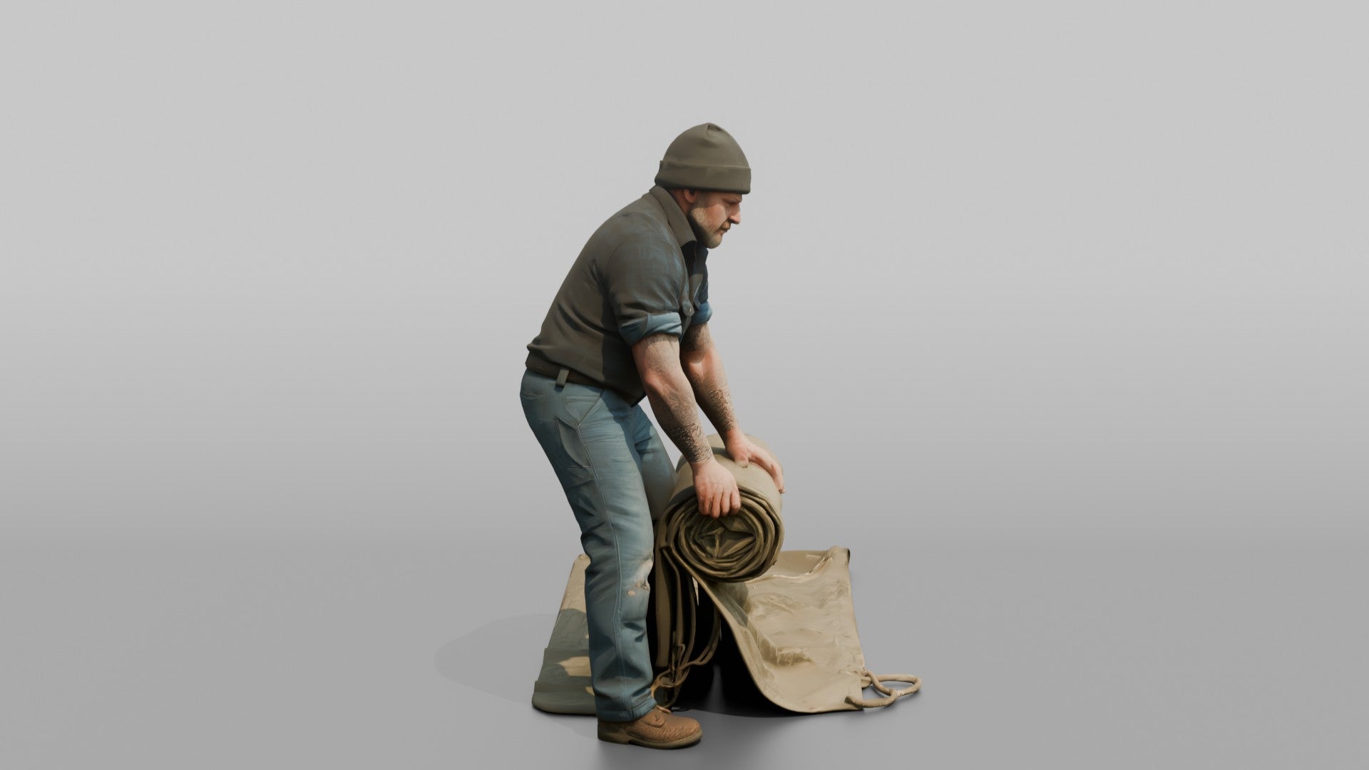 Farmer Unrolling Large Canvas Tarp