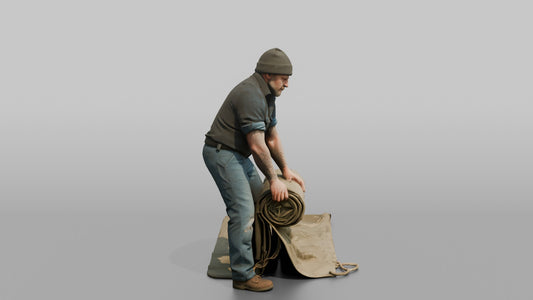 Farmer Unrolling Large Canvas Tarp - 3D character model, view 1