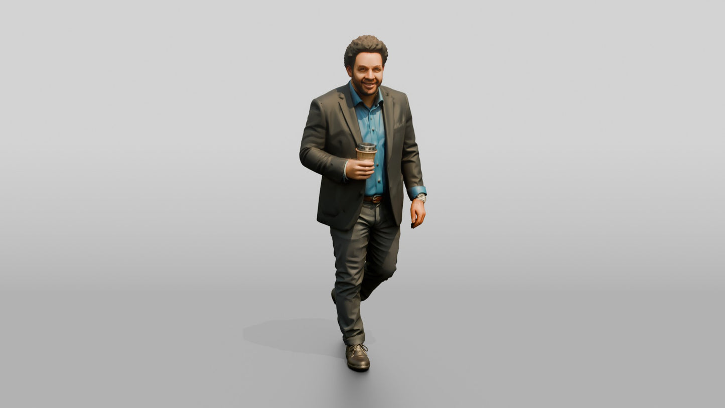 Man Walking with Coffee in the Hallway