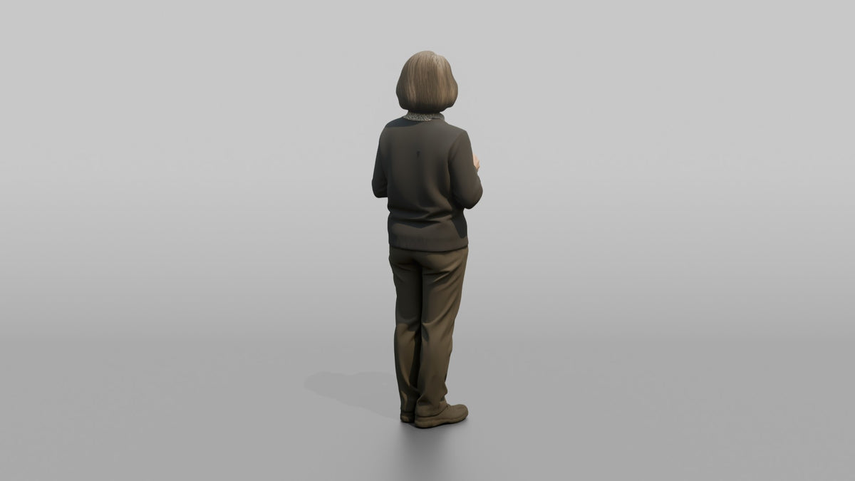 Grandmother Holding A Teacup And Saucer With Both Hands - 3D character model, view 3