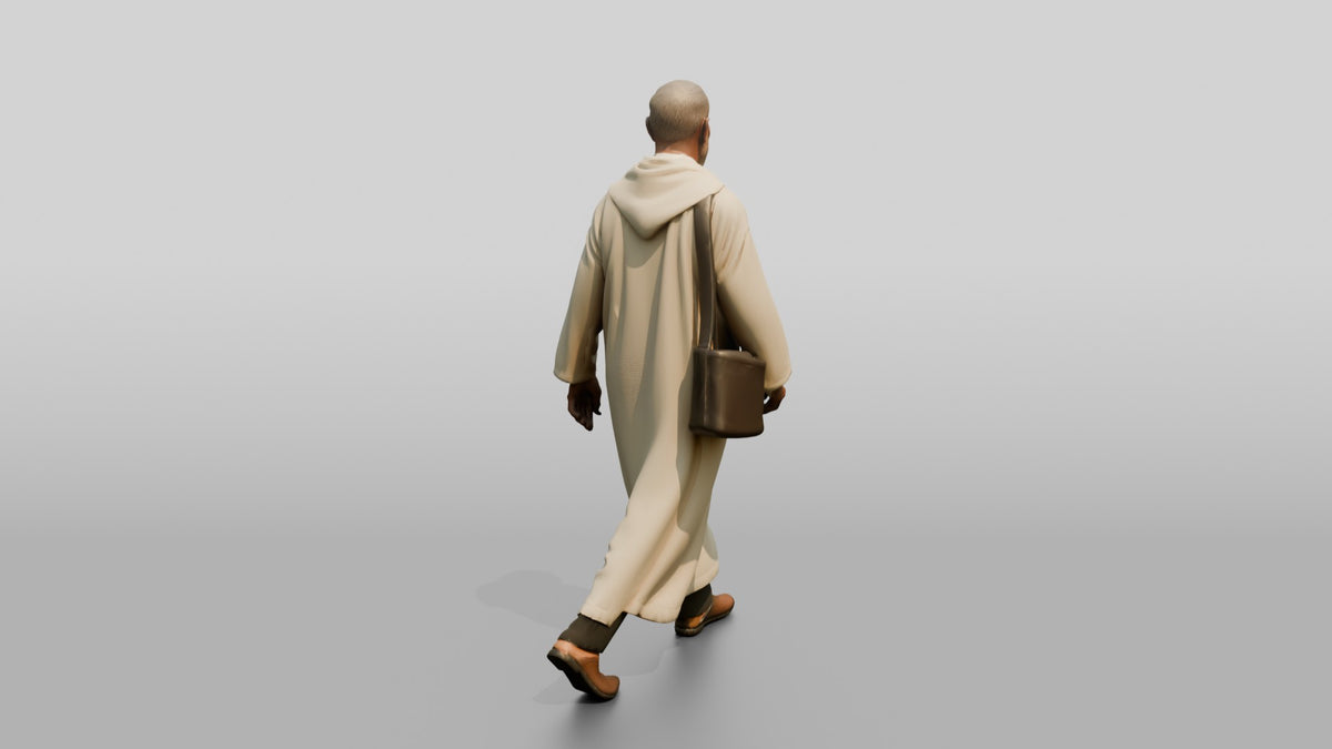 Elderly Tall Moroccan Man in Traditional Jalabiya - 3D character model, view 3