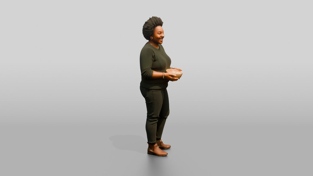 Homeless Woman Holding a Warm Bowl of Soup - 3D character model, view 2