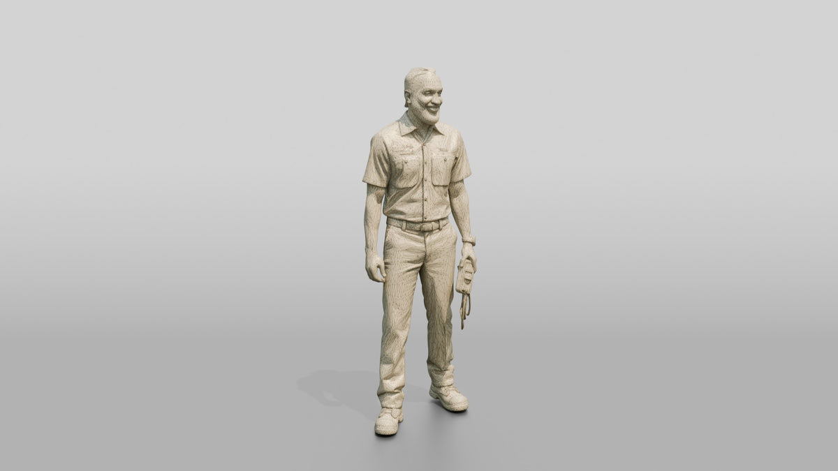 Mechanic Holding a Diagnostic Multimeter - wireframe topology preview