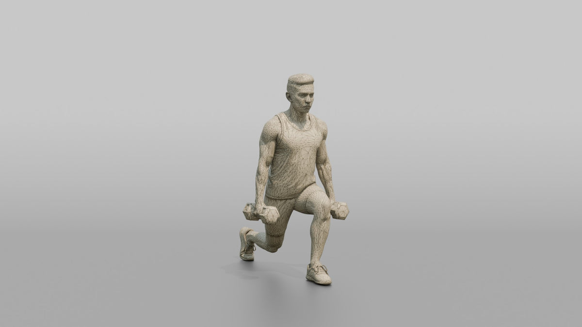 Weightlifter Man Holding Two Dumbbells At The Sides Mid-lunge - wireframe topology preview