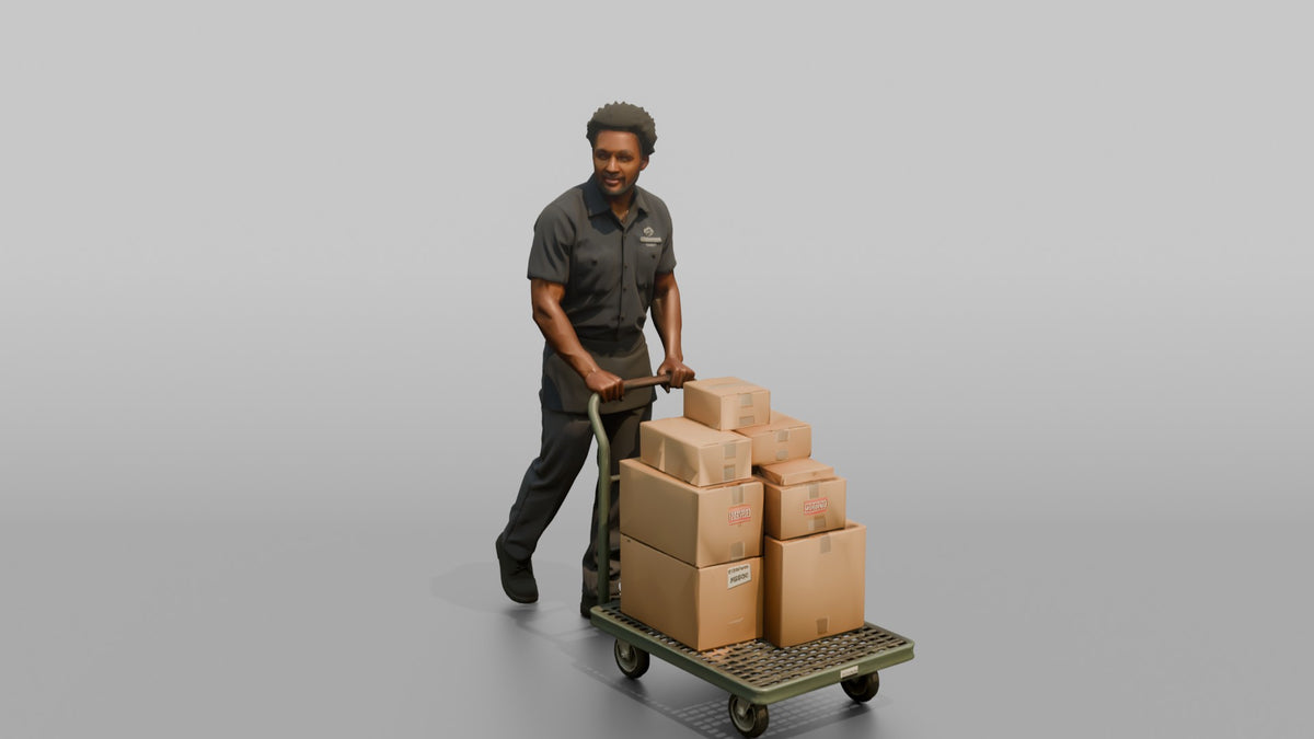 Man Stock Clerk Pushing A Flatbed Cart Loaded With Boxes - 3D character model, view 5