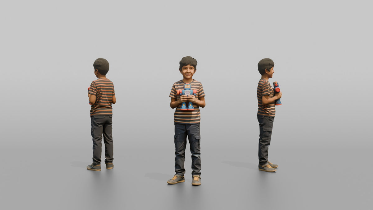 Son Holding A Toy Robot With Both Hands - 3D character model, view 1