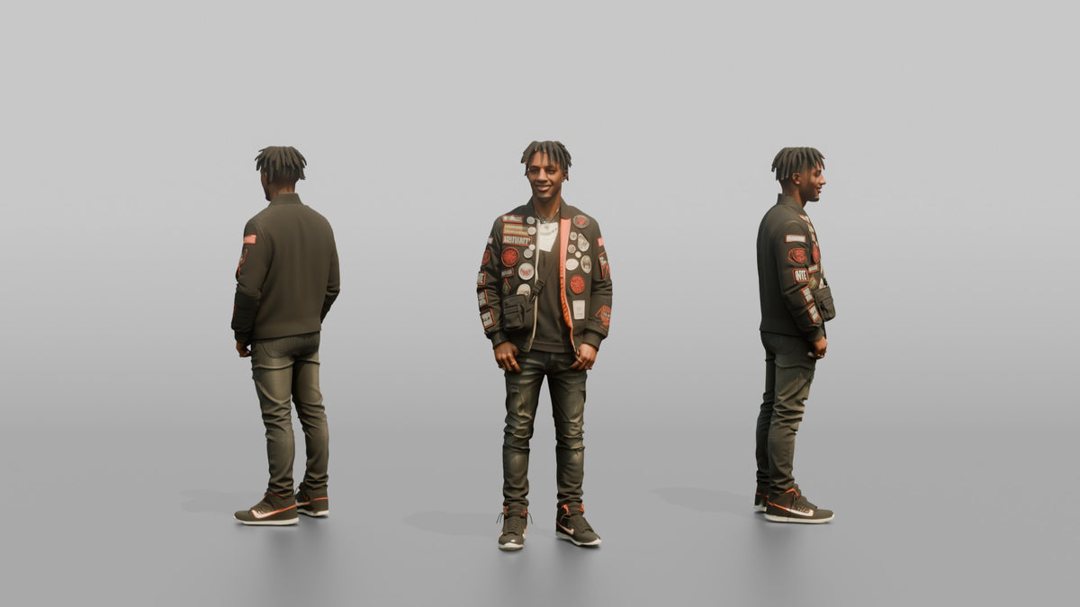 Patron Man Wearing A Vibrant Streetwear Jacket With Bold Patches - 3D character model, view 1