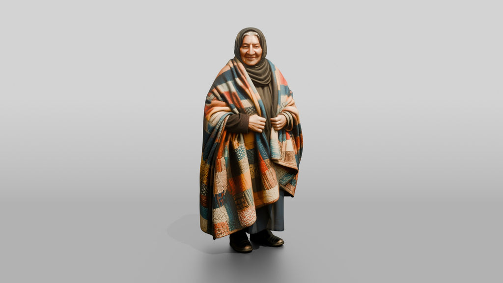 Homeless Woman Draped in a Patchwork Quilt