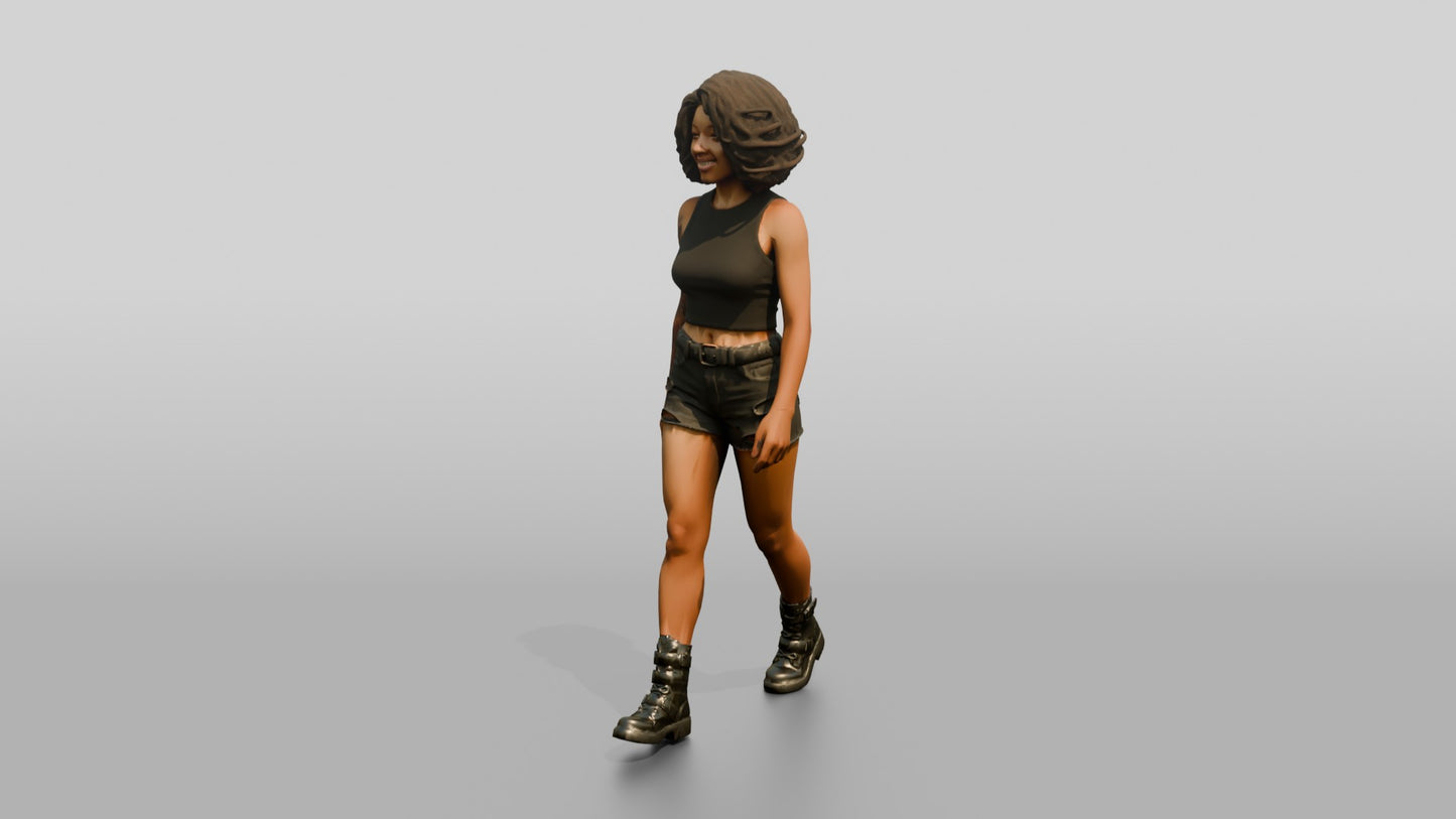 Woman with Curly Hair Walking in Olive Tank Top and Shorts