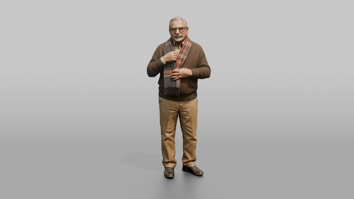 Grandfather Adjusting A Wool Scarf Around His Neck - 3D character model, view 5