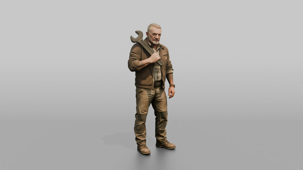 Farmer Holding Heavy Spanner Wrench Over Shoulder