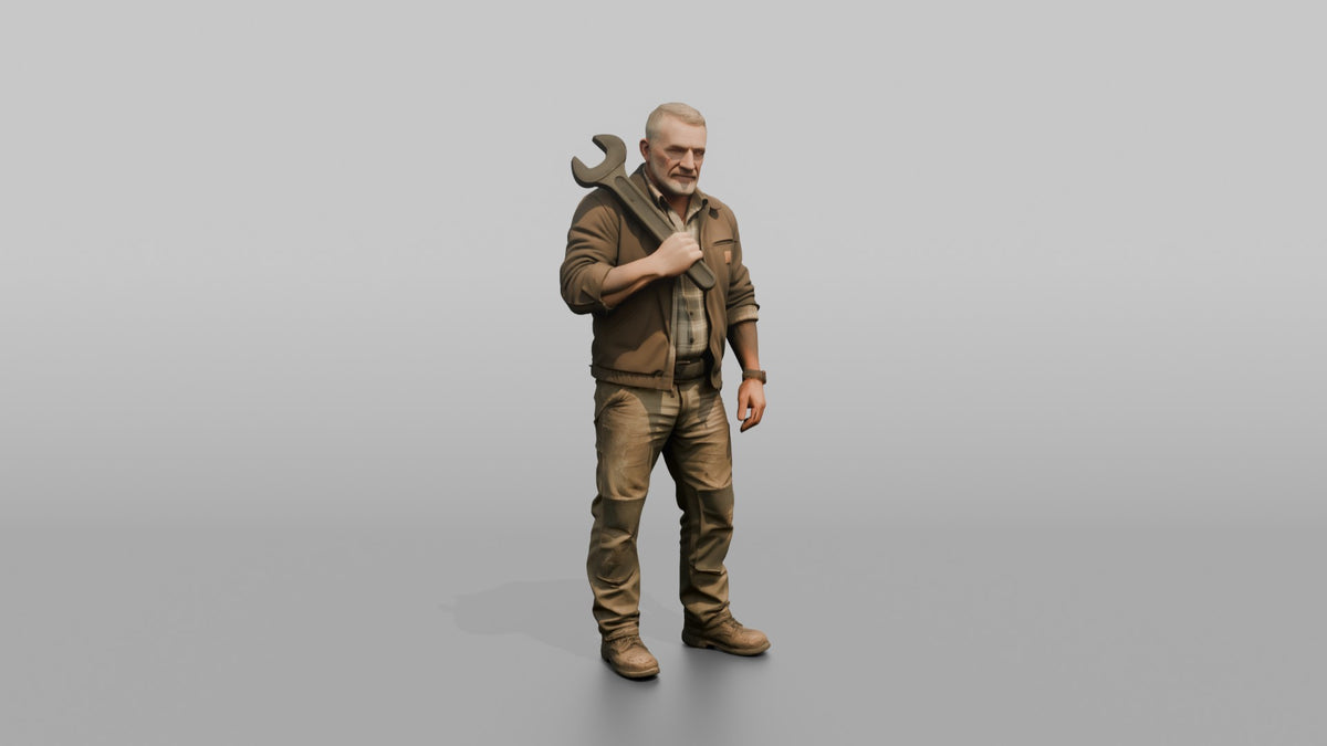 Farmer Holding Heavy Spanner Wrench Over Shoulder - 3D character model, view 1
