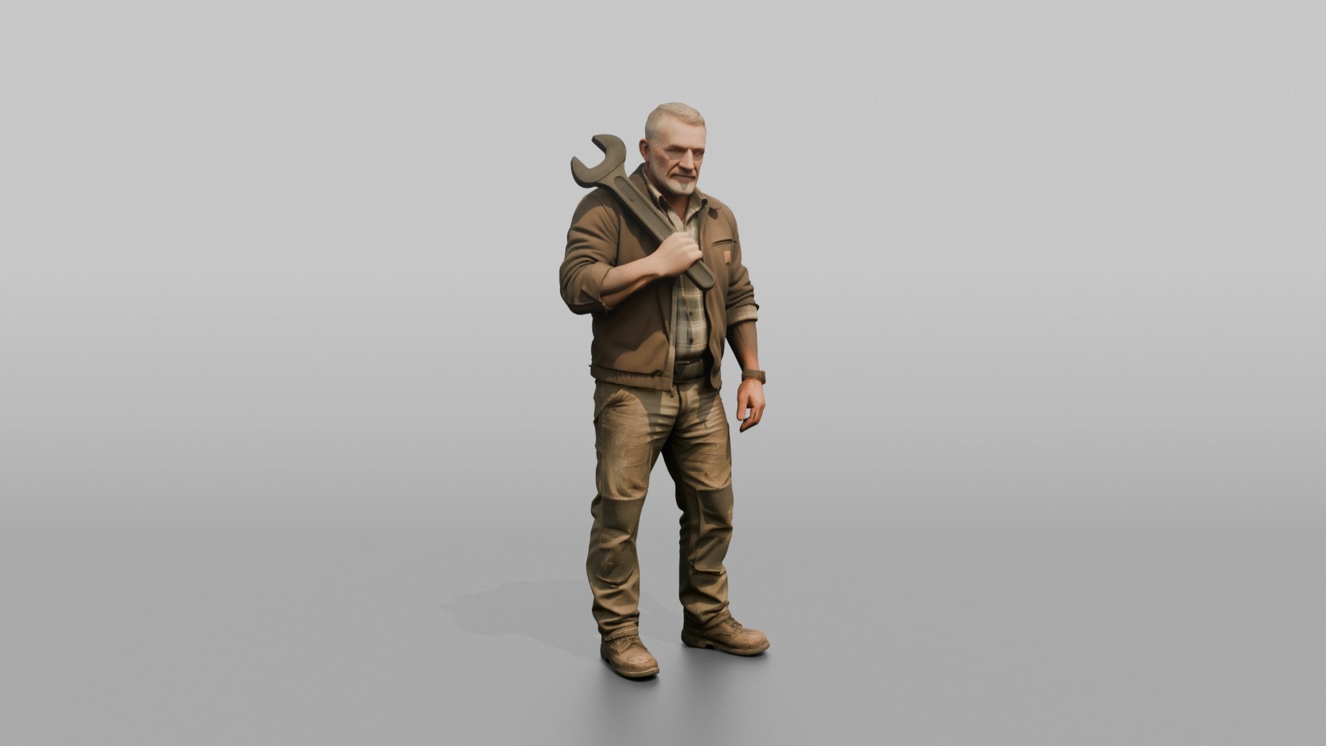 Farmer Holding Heavy Spanner Wrench Over Shoulder