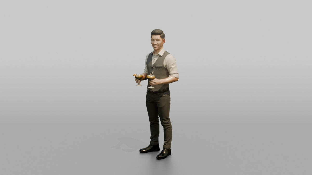 Bartender Man Holding Two Cocktail Glasses - 3D character model, view 4