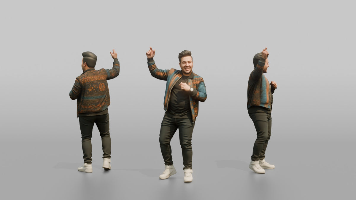 Patron Man Wearing A Vibrant Patterned Bomber Jacket, Hyped Pose - 3D character model, view 1