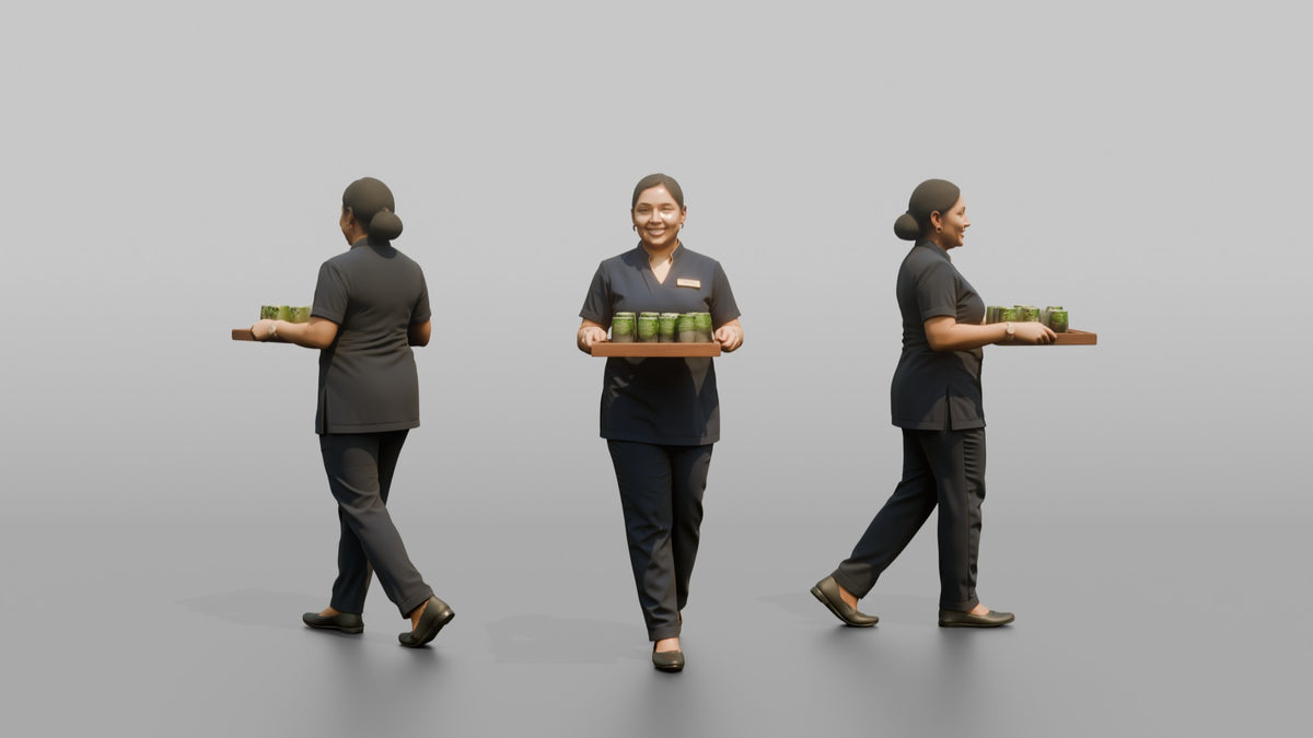 Spa Attendant Man Carrying A Tray With Cucumber Water Glasses - 3D character model, view 1