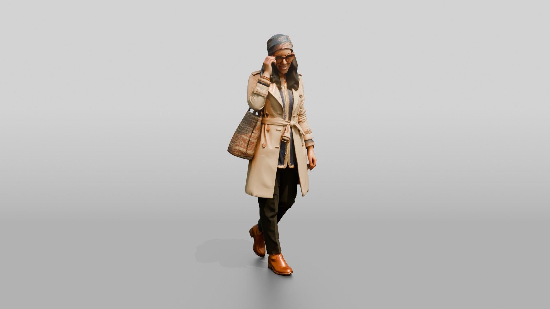 Woman in Headscarf and Trench Coat with Sunglasses