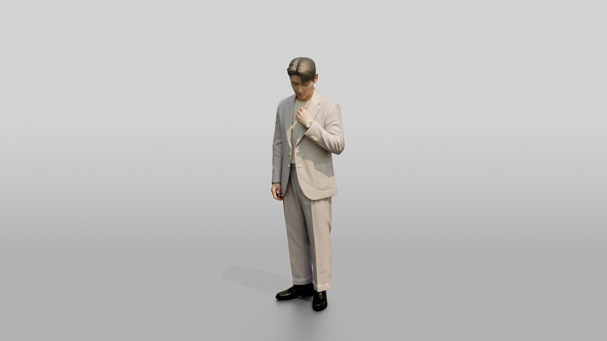 Man Adjusting Collar in Lavender Suit - 3D character model, view 4