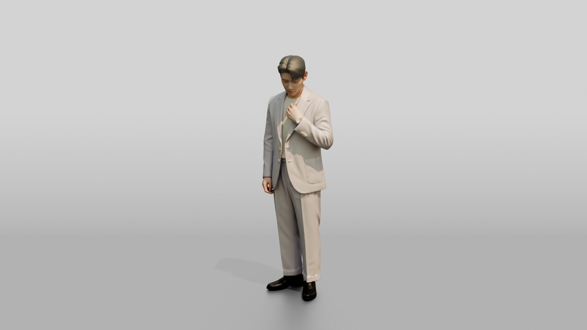 Man Adjusting Collar in Lavender Suit