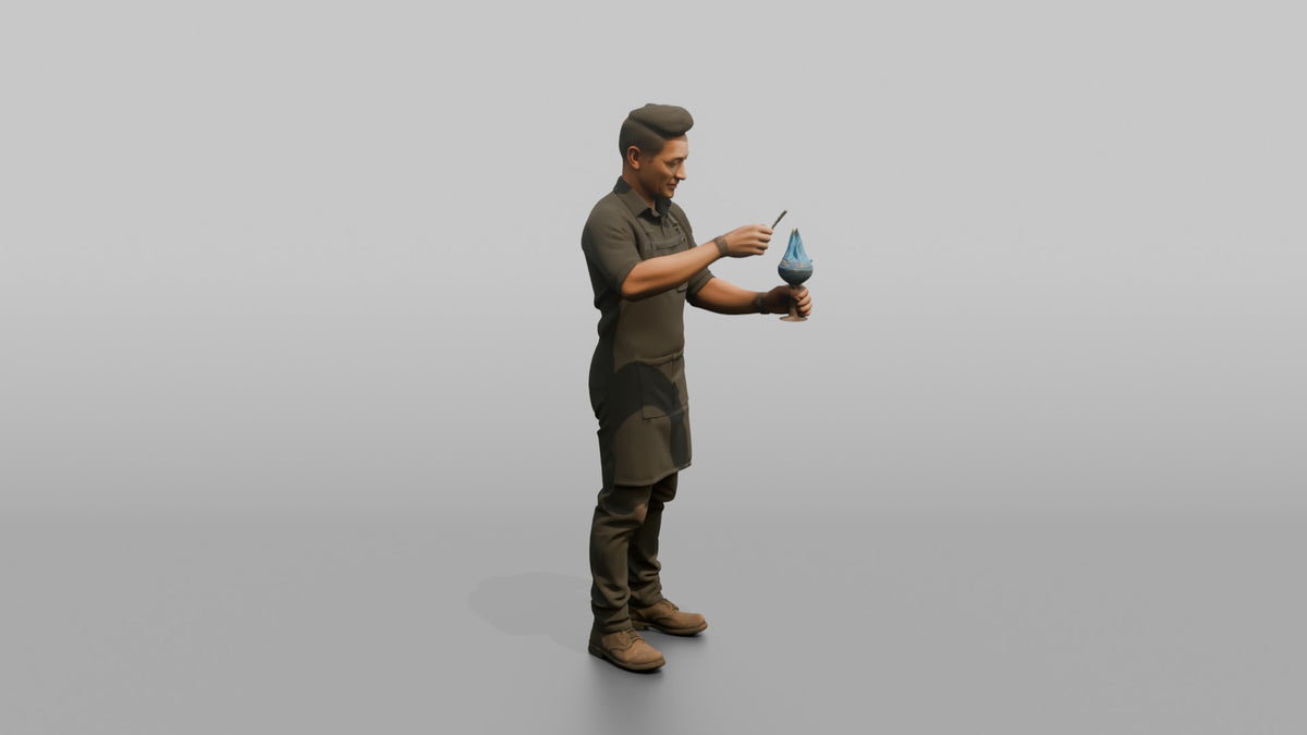 Bartender Man Lighting A Flaming Cocktail - 3D character model, view 2