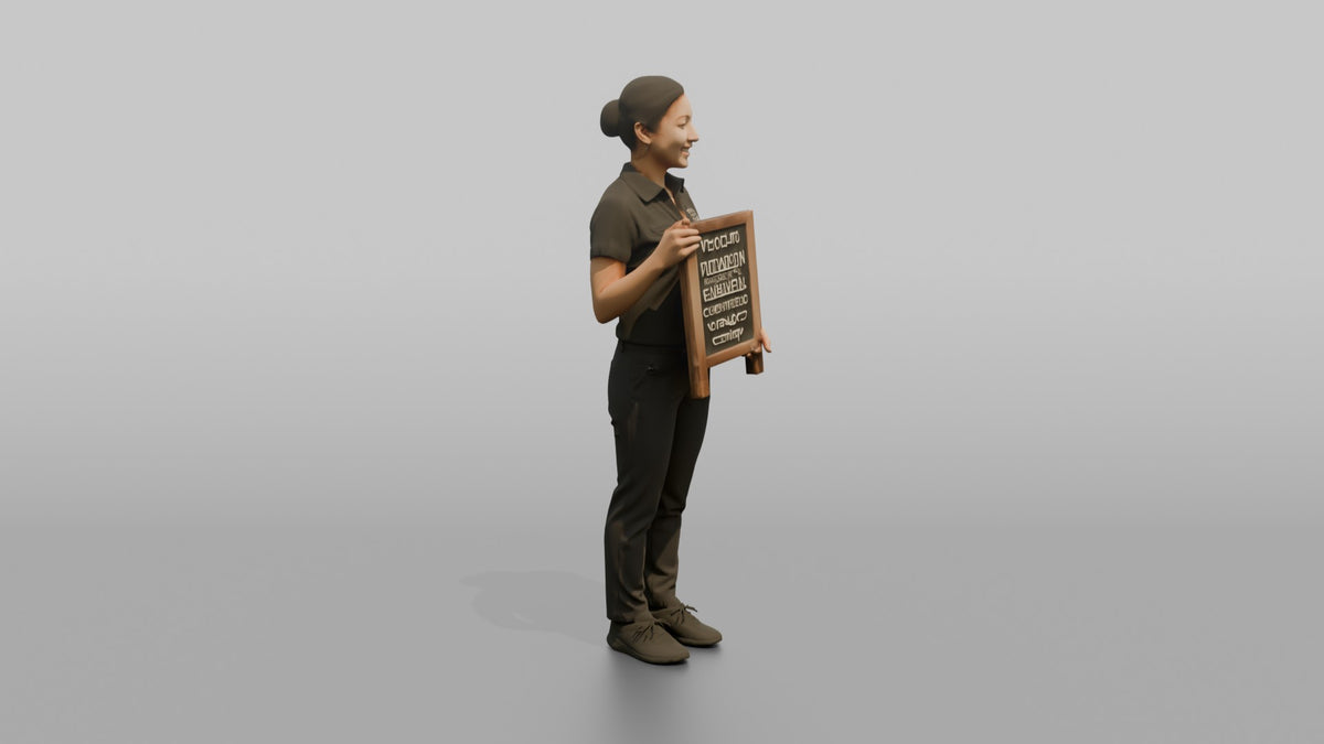 Host Woman Holding A Small Stand-up Chalkboard Menu - 3D character model, view 2