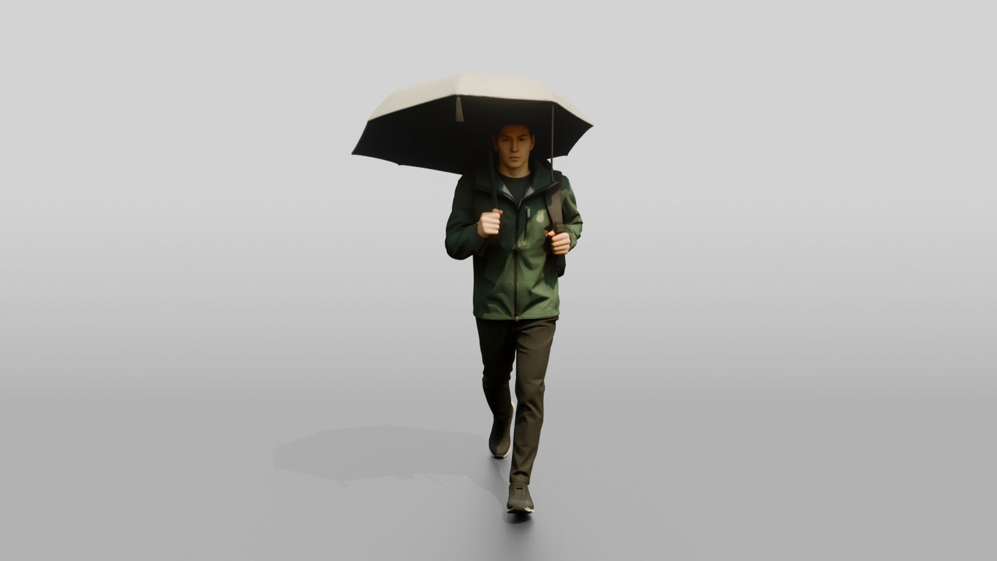 East Asian Man in Green Rain Jacket with Umbrella