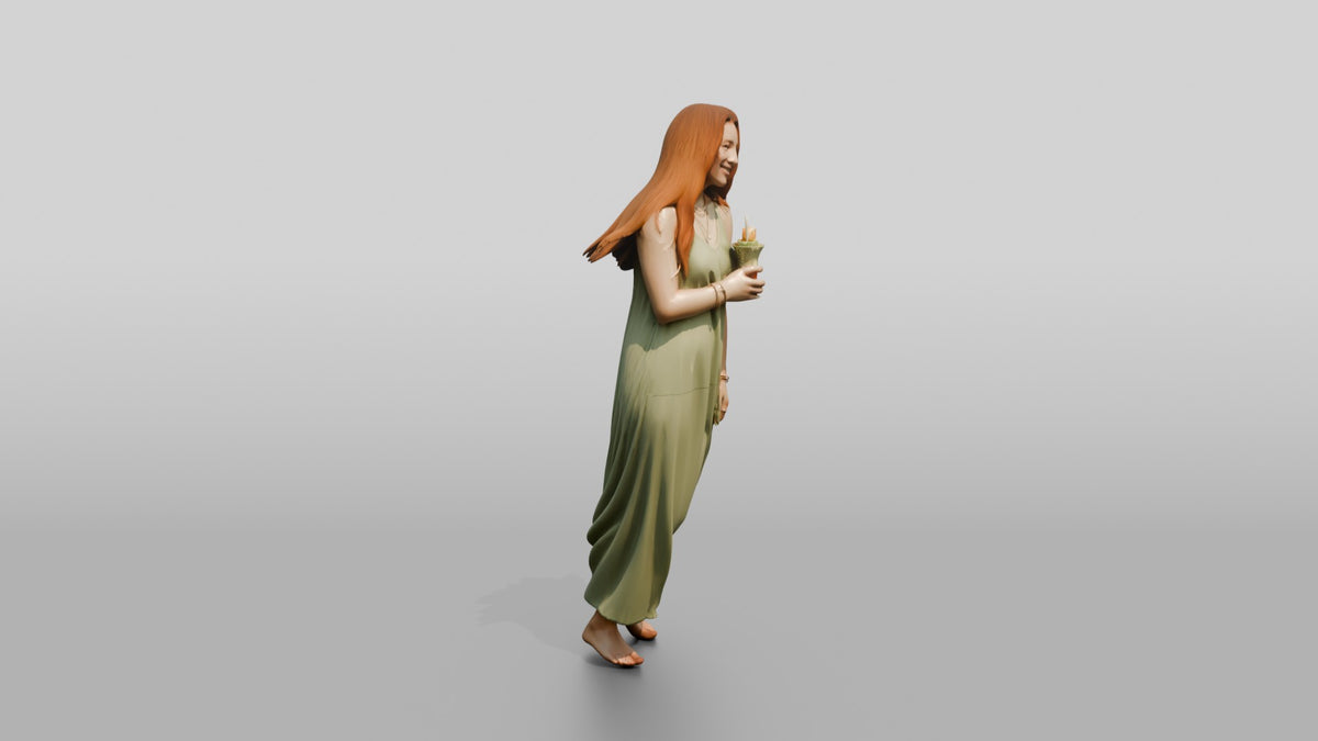 Woman in a Flowing Green Dress - 3D character model, view 2