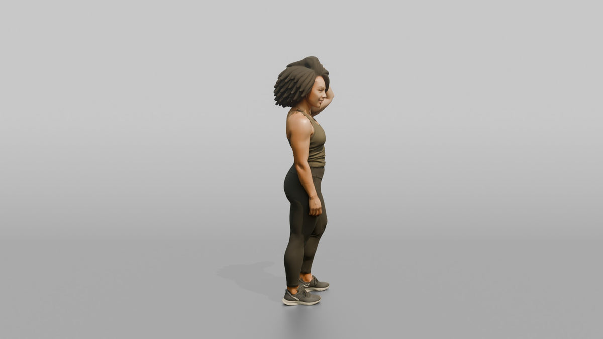 Physique Model Woman Standing With One Hand Through The Hair, Confident Pose - 3D character model, view 2