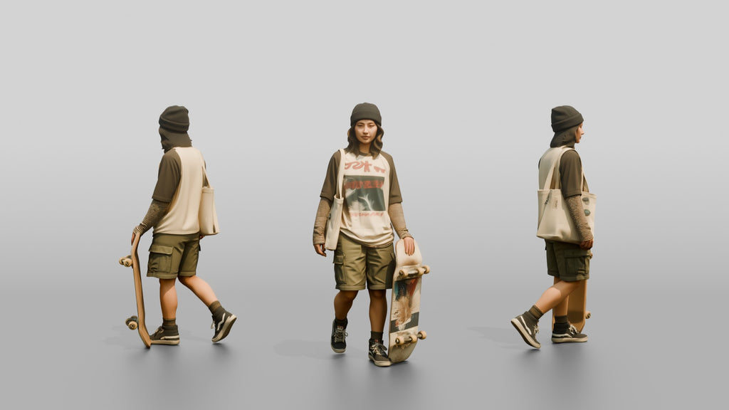 Asian Woman Balancing a Skateboard