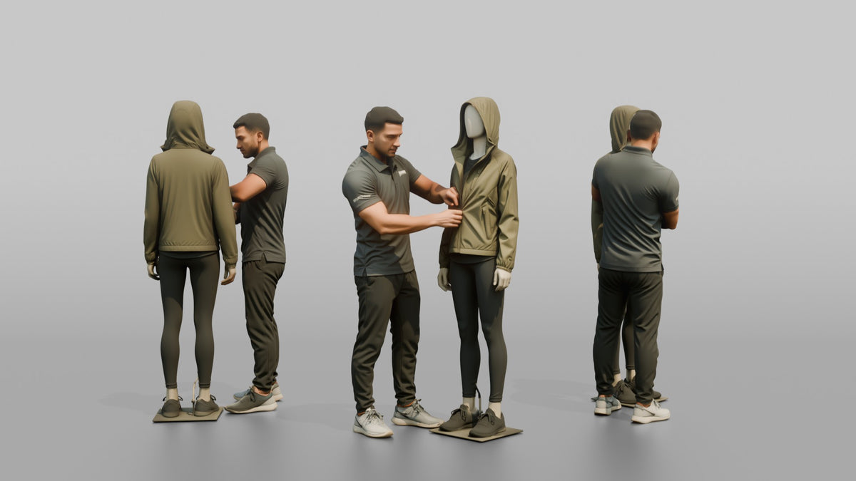 Man Sales Associate Dressing A Mannequin In A New Jacket - 3D character model, view 1