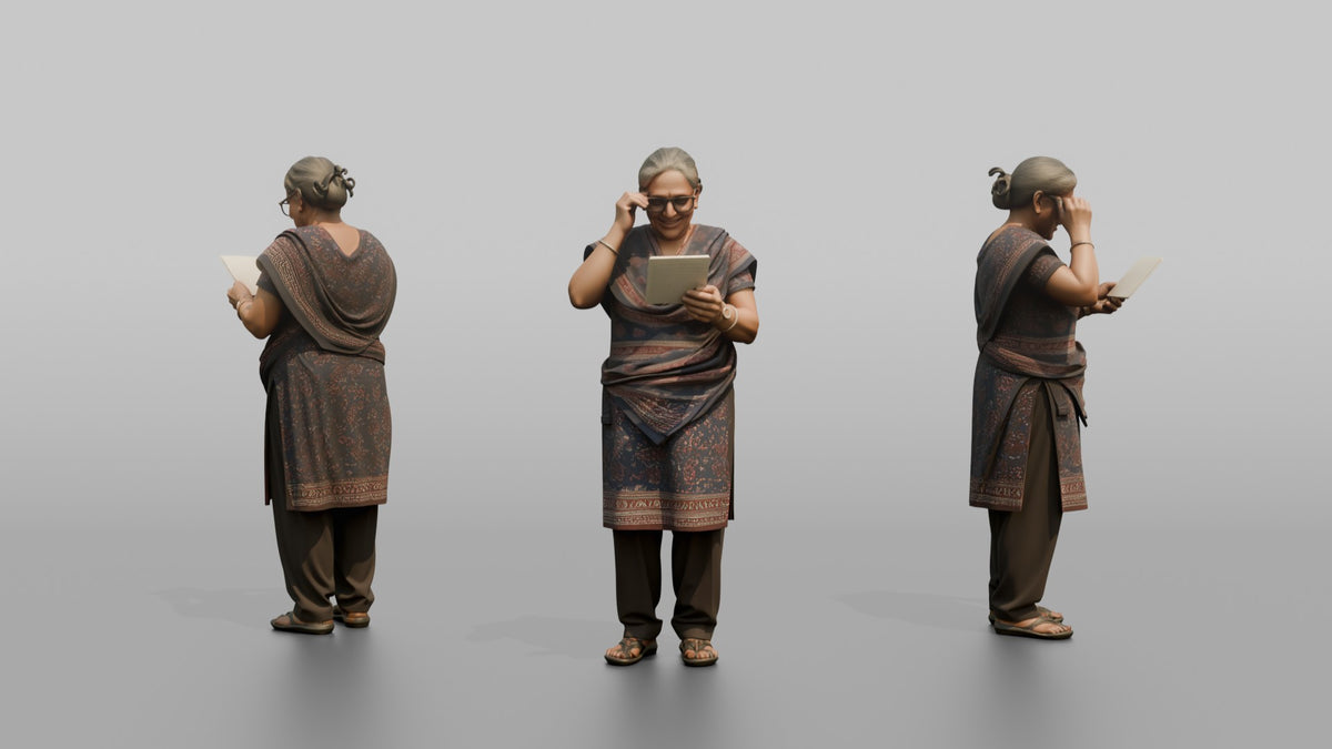 Grandmother Adjusting Her Glasses While Reading A Recipe Card - 3D character model, view 1