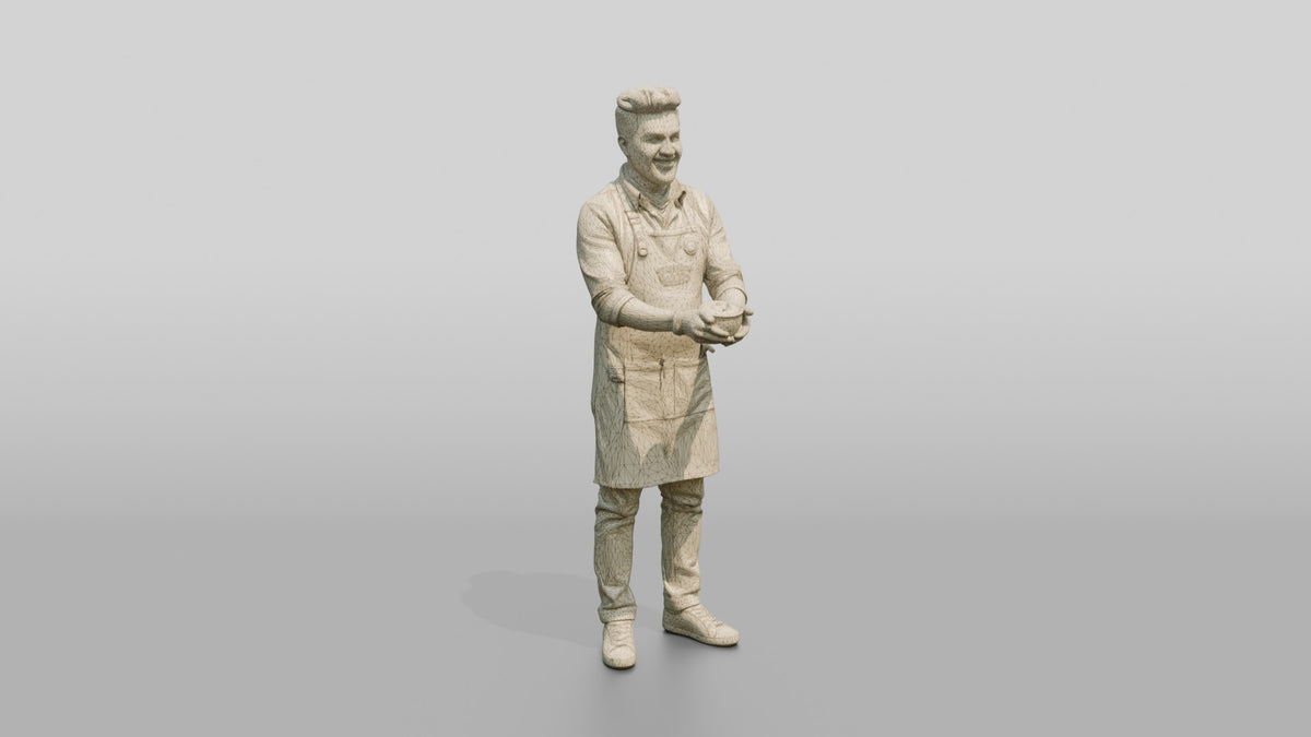 South Asian Barista Proudly Holding Coffee Cup - wireframe topology preview