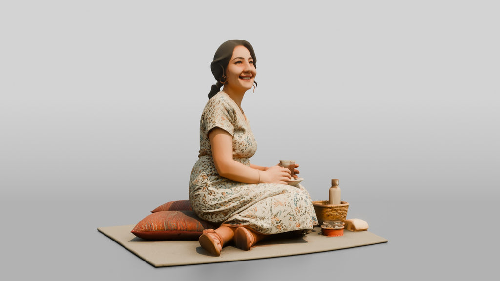 Middle-Aged Turkish Woman on a Park Picnic Blanket