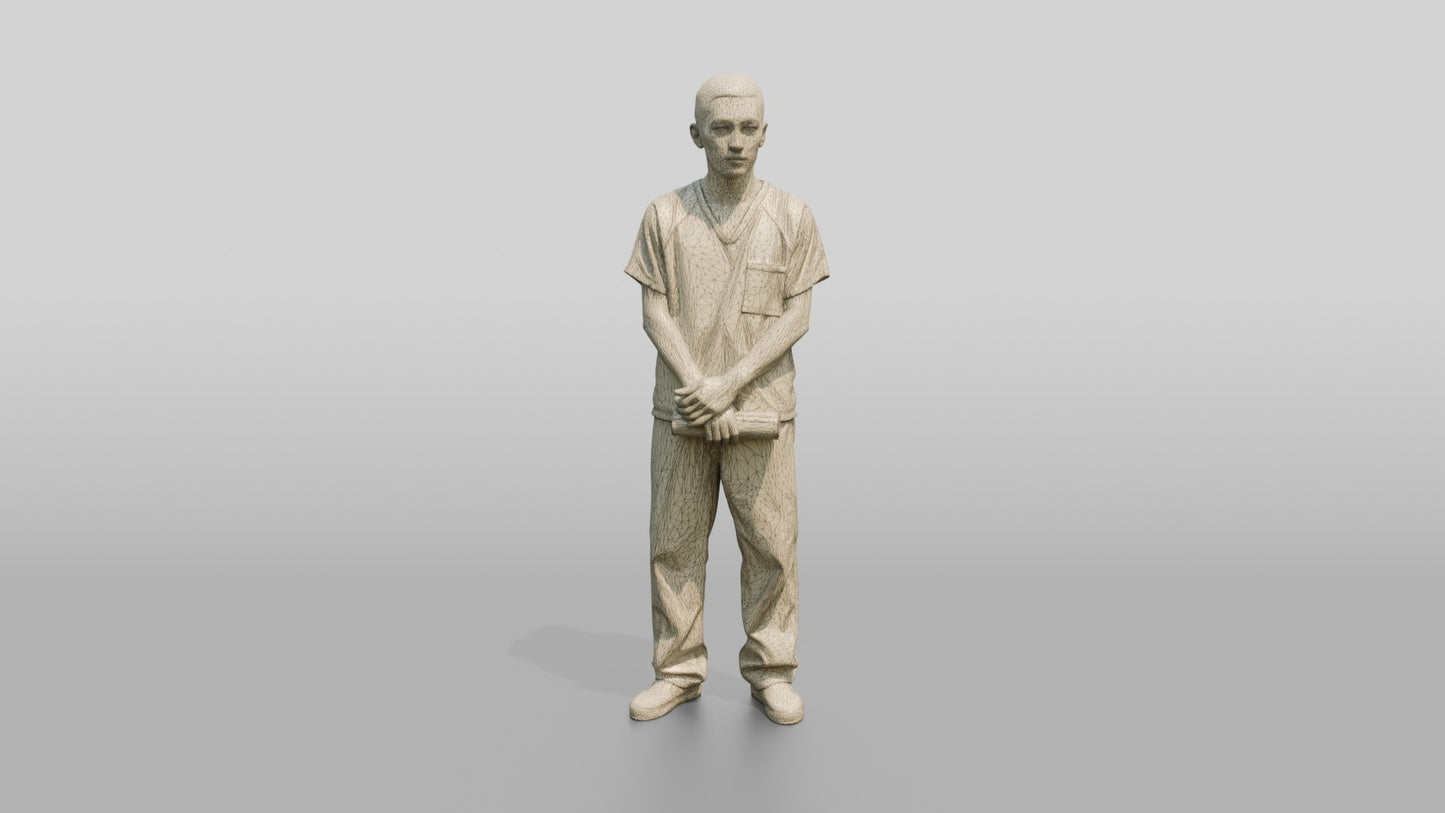 East Asian Male Prisoner in a Grey Scrub Uniform
