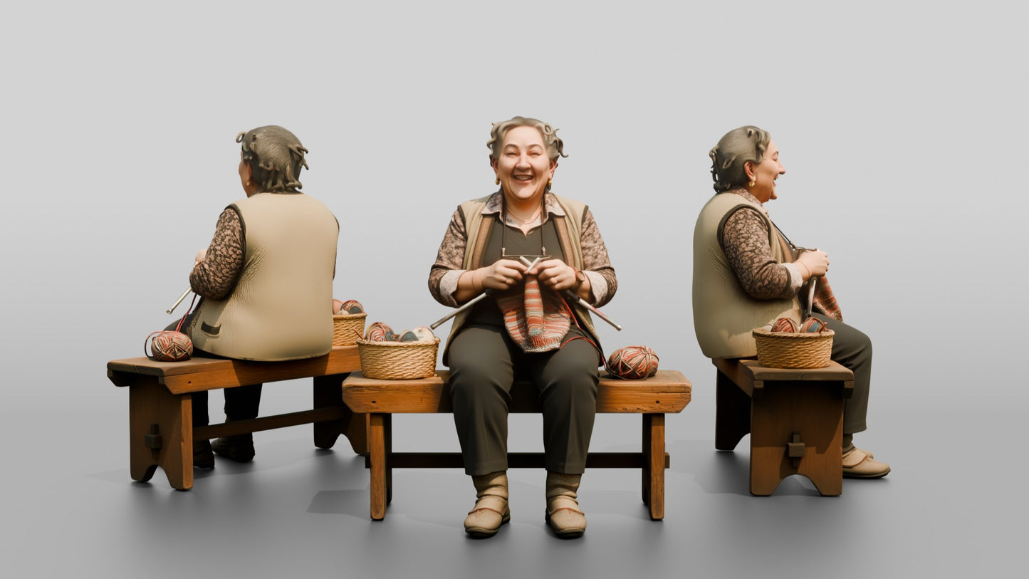 Elderly Woman Knitting on Bench