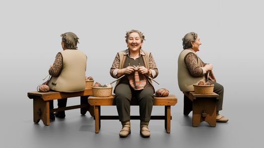 Elderly Woman Knitting on Bench