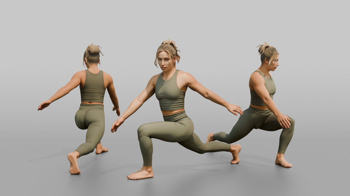 Fitness Influencer Woman In A Low Lunge Position - 3D character model, view 1