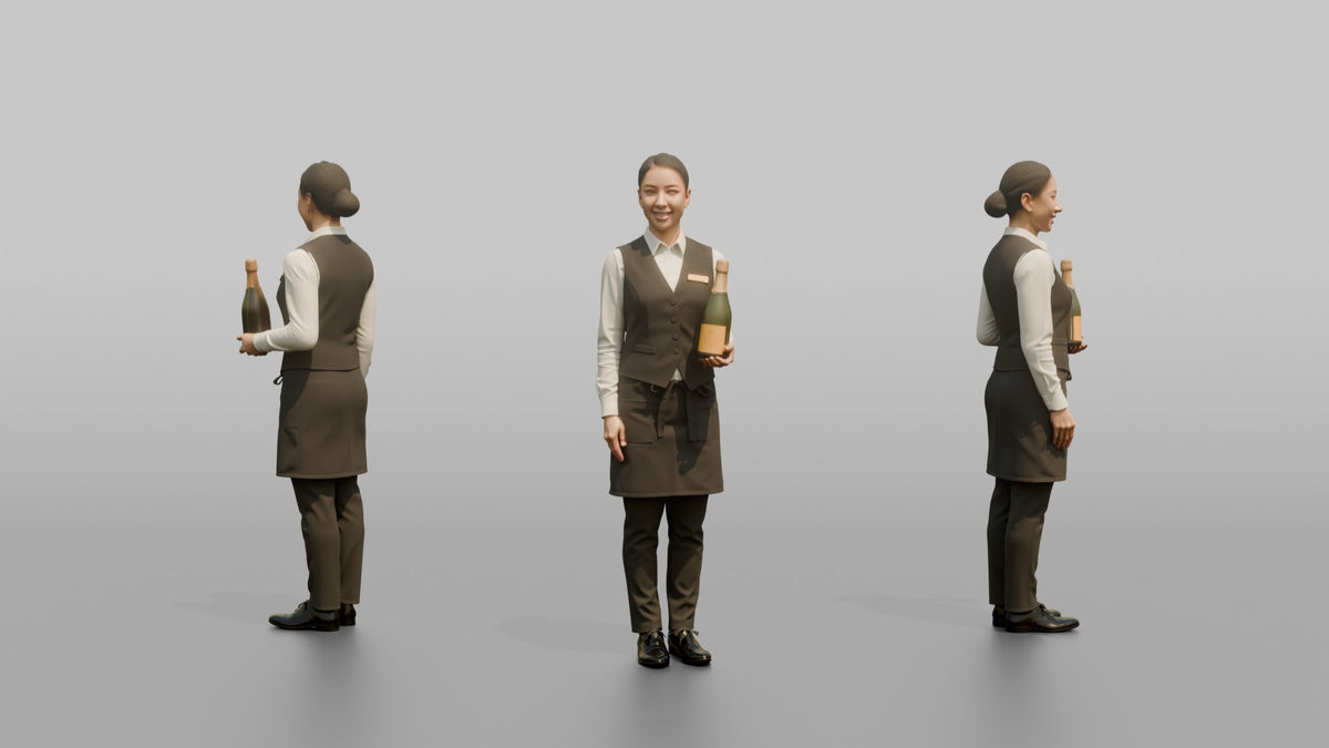 Cocktail Server Woman Holding A Bottle Of Champagne - 3D character model, view 1