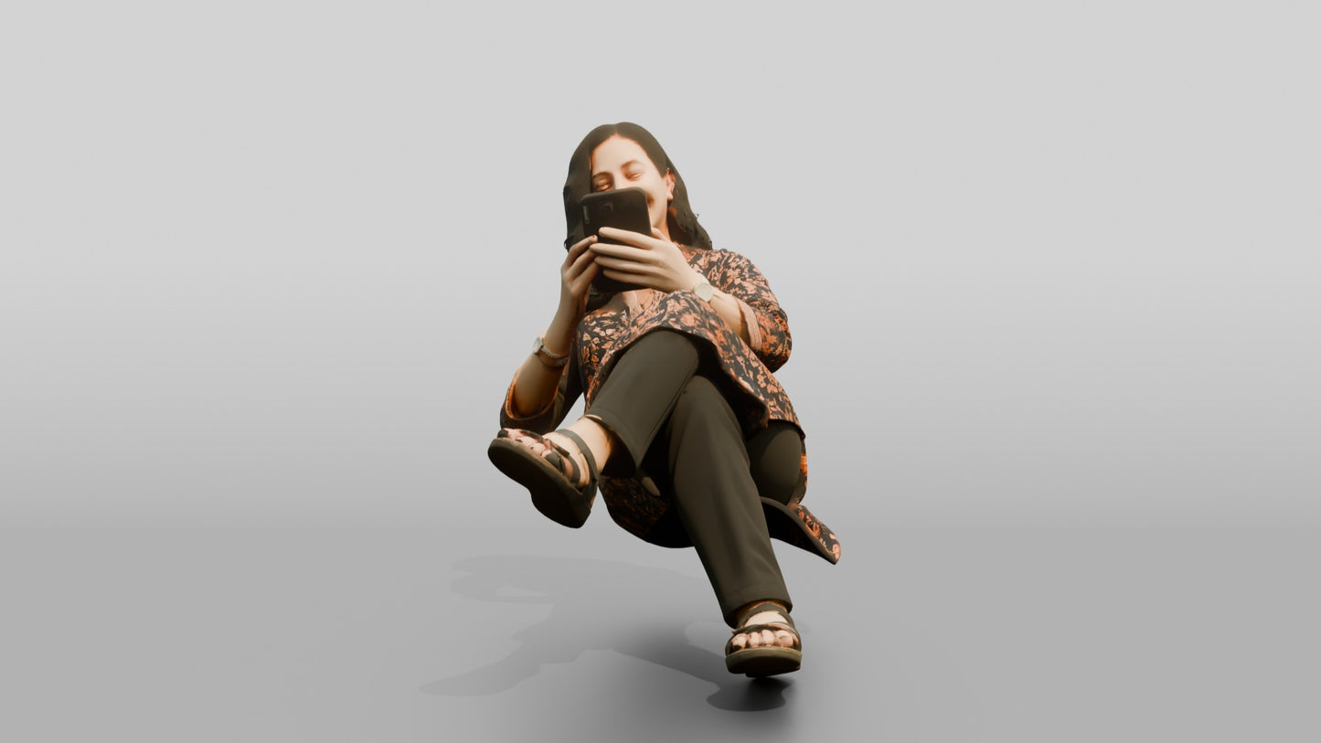 Woman Smiling at Smartphone with Tea