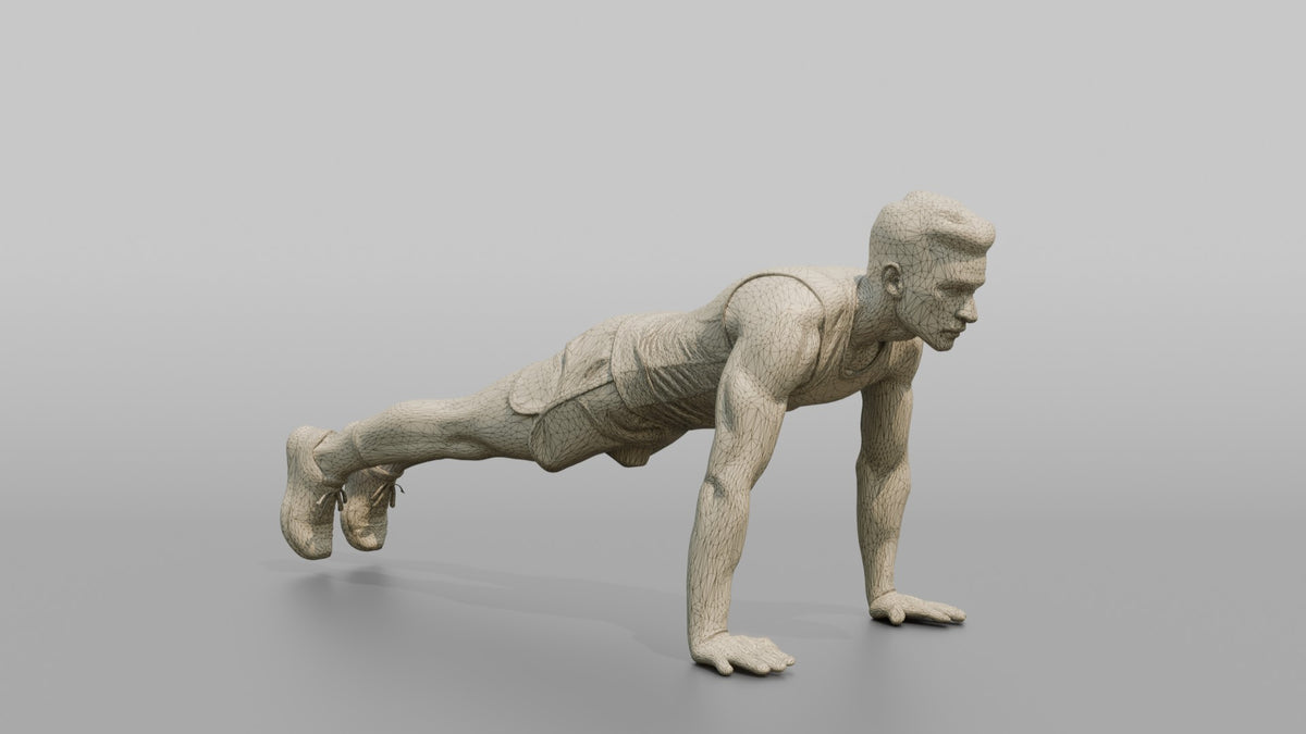 Fitness Influencer Man Mid Burpee, Hands On The Ground - wireframe topology preview