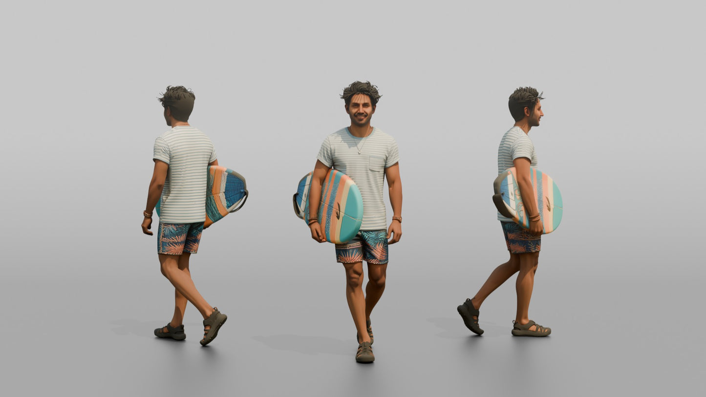 Vacationer Wearing Striped Summer Tee And Swim Trunks