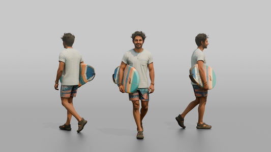Vacationer Wearing Striped Summer Tee And Swim Trunks - 3D character model