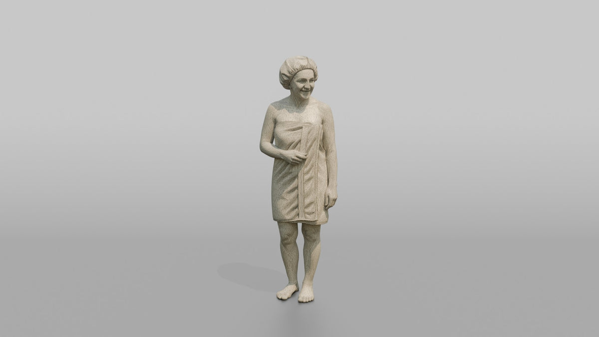 Spa Client Woman Standing Wrapped In A Towel, Hair In A Shower Cap - wireframe topology preview